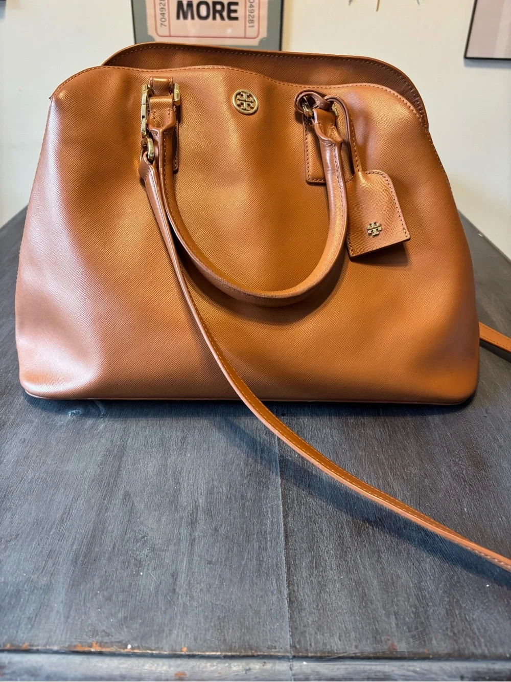 Tory Burch Cognac Leather Dome Satchel with Gold Hardware